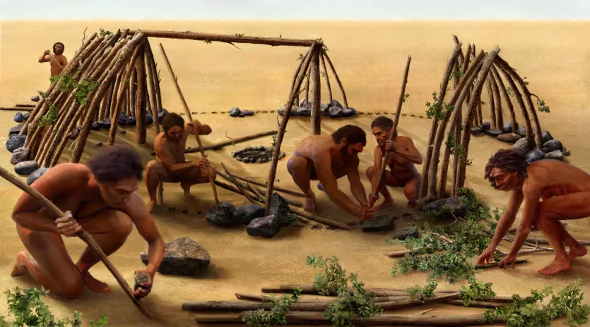 重建的400000岁的阿马塔,躲避法国显示早期人类建造住所的家庭或社会团体