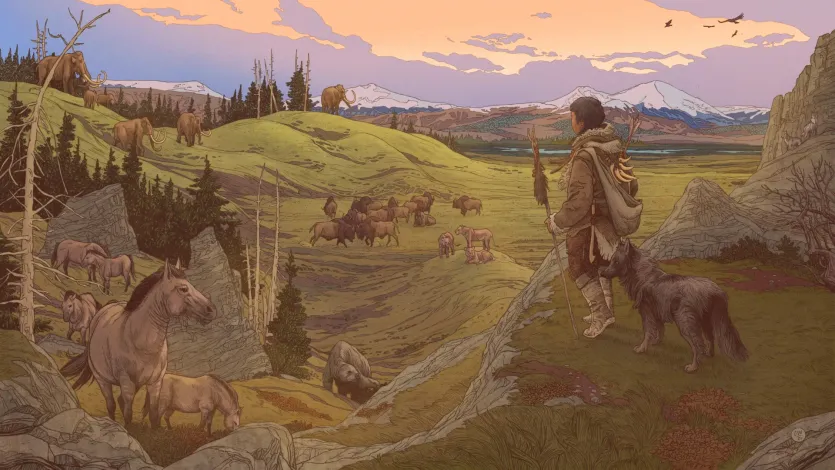 诠释了古代人类在一个悬崖旁边躺着一条狗,俯瞰山谷,草地,树木,和动物在后台和白雪皑皑的群山”loading=
