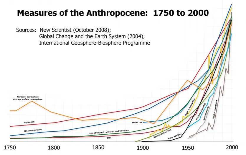 图的措施世1750 - 2000。有一个大幅向上飙升的趋势显示在这张图表显示人类活动增加了自从大加速度。