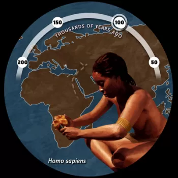 女人交叉腿坐在前面的世界地图和时间表从200 - 50几千年前