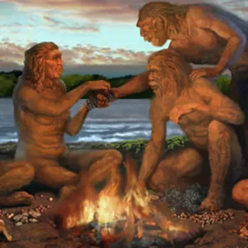 古人类群体聚集在篝火旁的图像