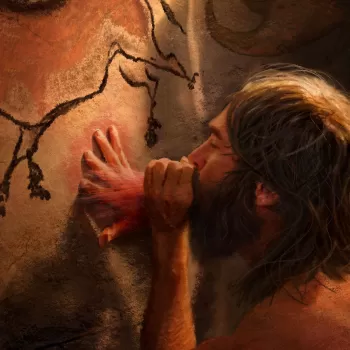 早期人类在岩壁上创作艺术的图像。