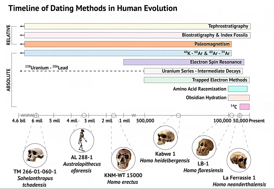 年代测定方法和早期人类化石的图表绘制了从46亿年到现在的时间轴