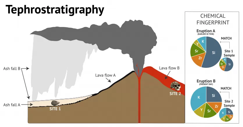 tephrostratigraphy图显示和火山爆发和如何确定订单时间不同的火山喷发事件。