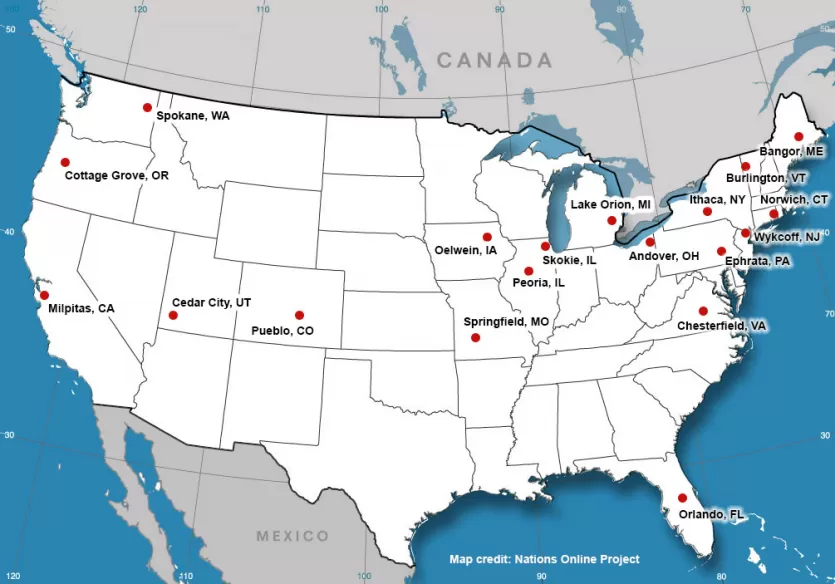 美国大陆的地图与19个城市及其位置确定公共图书馆举办的展览