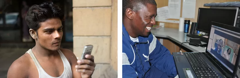 两张图片。左边是一个人拿着手机在身体前面。右边是一个微笑的人与一个小女孩视频聊天