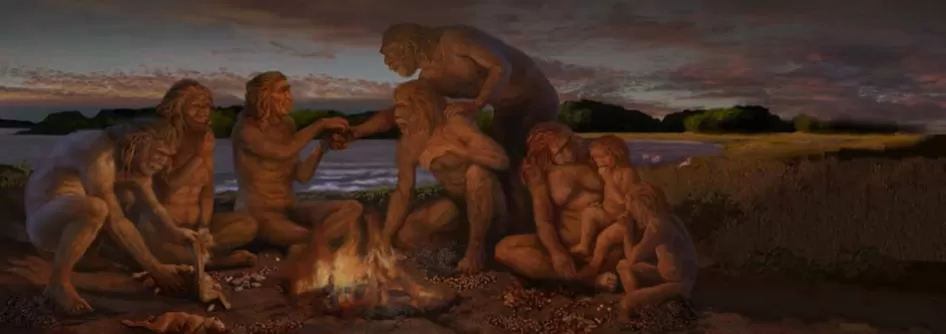 各种年龄段的早期人类吃晚上的火湖的前面远处山脉